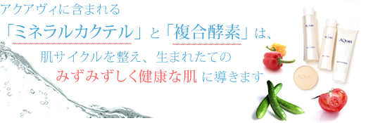 アクアヴィに含まれる「ミネラルカクテル」と「複合酵素」は、肌サイクルを整え、生まれたてのみずみずしく健康な肌に導きます